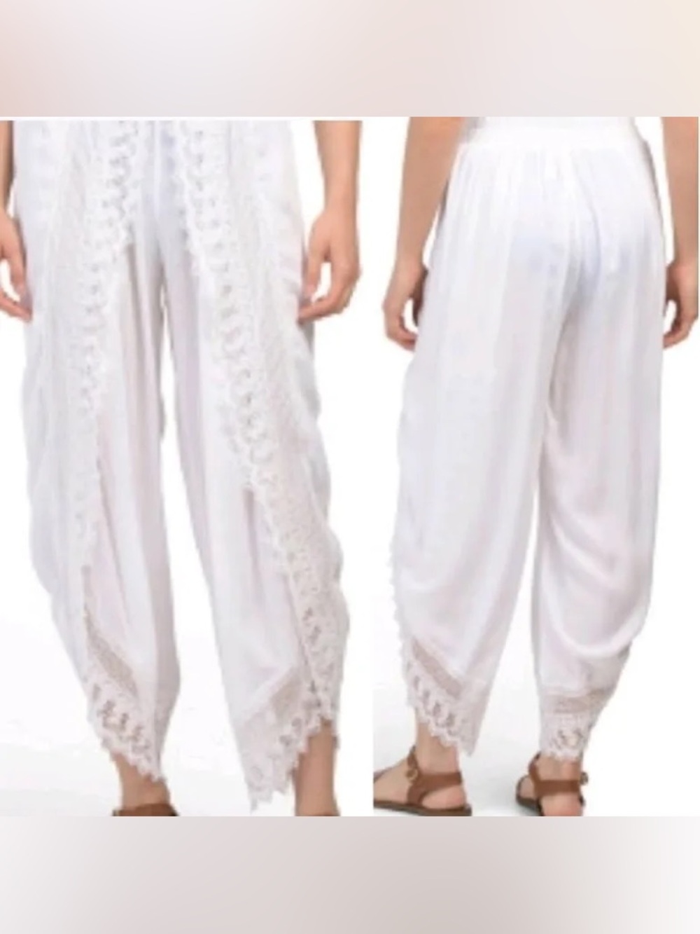Japna White Lace-Trim Cropped Pants